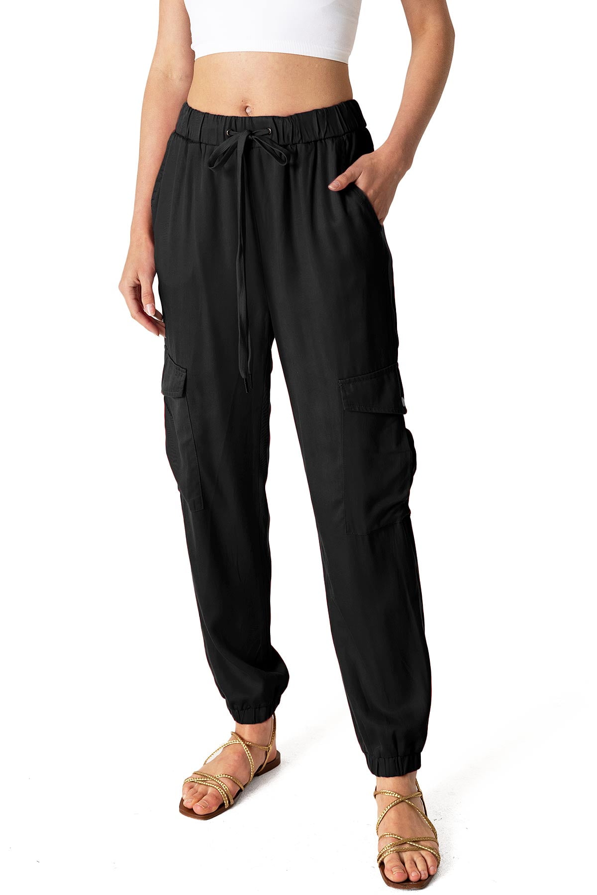 Black Label Women's High Rise Cargo Woven Jogger Pants (Small, Black)