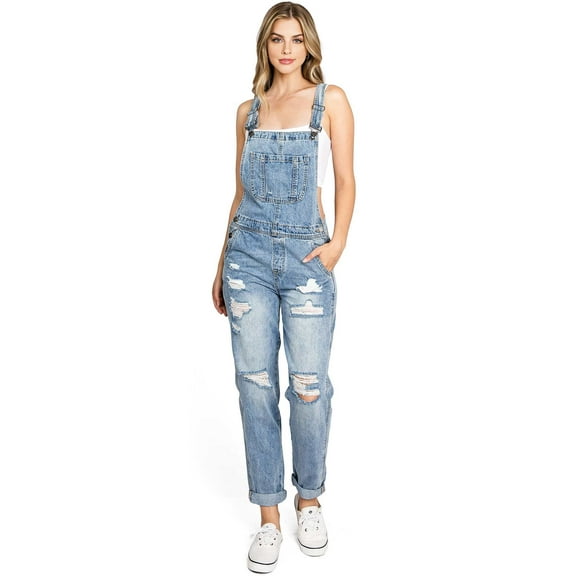 Black Label Women's Juniors Baggy Distressed Overalls (Medium Denim, S)