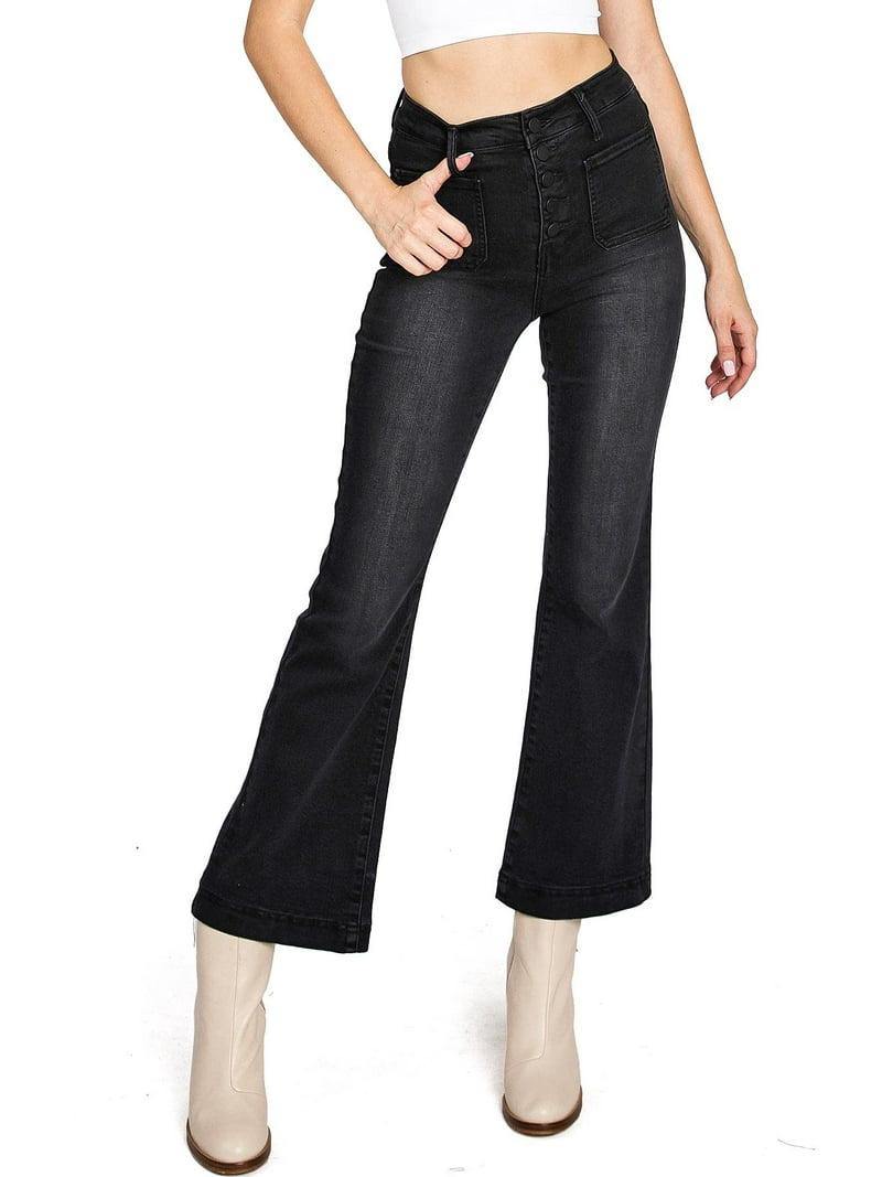 Black Label Women's Juniors High Rise Crop Flare Jeans (Black,