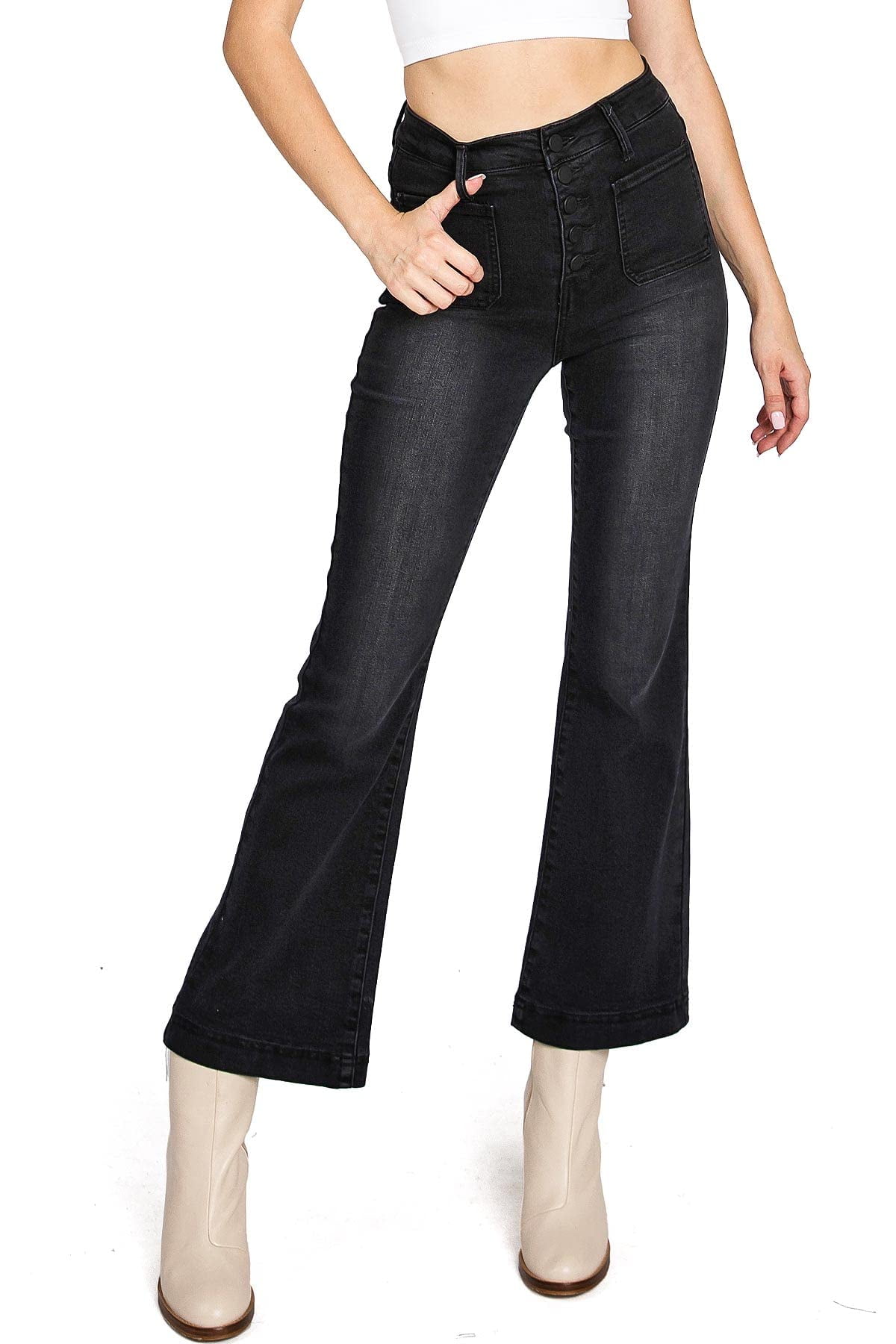 Black Label Women's Juniors High Rise Crop Flare Jeans (Black, 9) 