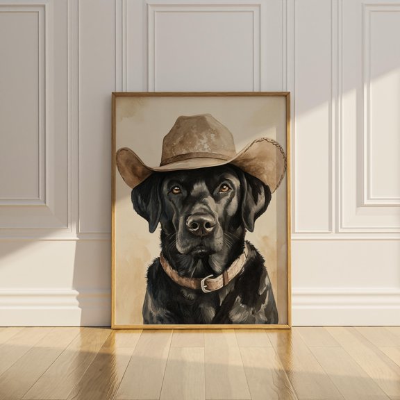 Black Labrador Cowboy Hat Dog Vintage Black Lab Mom Animal Wall Art Poster , Poster Print Only