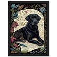 thumbnail image 1 of Black Labrador Dog with Floral Patterns Vintage Inspired Linocut Illustration Artwork Framed Wall Art Print A4, 1 of 4