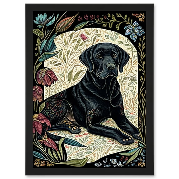 Black Labrador Dog with Floral Patterns Vintage Inspired Linocut Illustration Artwork Framed Wall Art Print A4