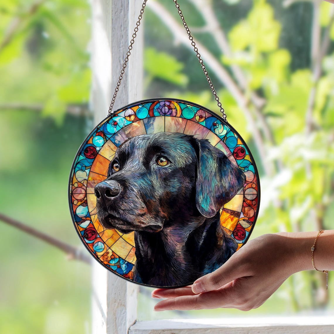 Black Labrador Glass Suncatcher, Loyal Lab Pet Memorial Art, Dog Lover Window Decor, 6.3 in