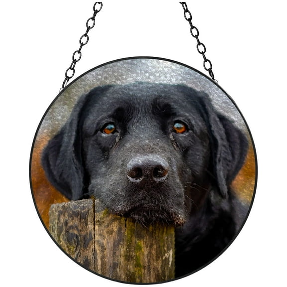 Black Labrador Head on Stump Stained Glass Suncatcher Handmade Window Hanging Colored Glass Suncatcher Crafts Kits for Indoor Garden Decor Memorial Gift 16x16cm