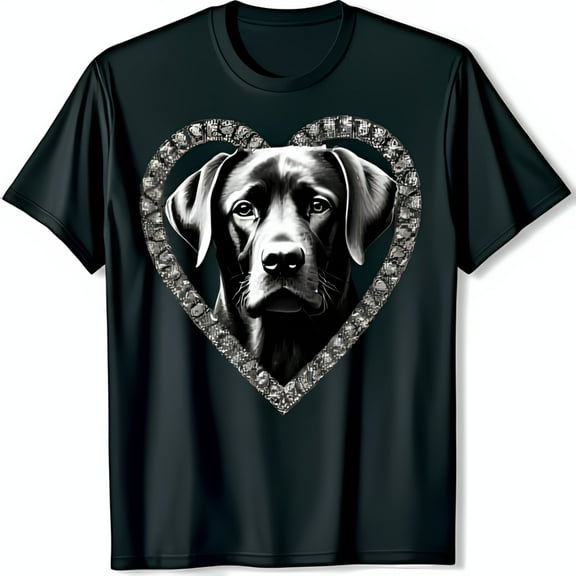 Black Labrador Heart T-Shirt with Sparkling Silver Design Dog Lover