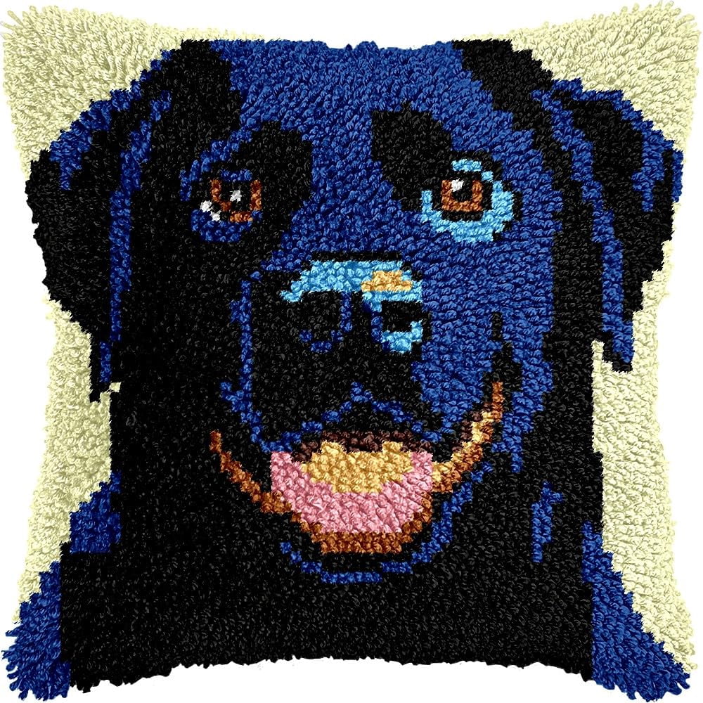 Black Labrador Latch Hook Kits Pillow kits Cushion Throw Pillow Embroidery Craft Kits DIY Kits of DIY Hooking Pillowcase Cover Supplier with Color Printed Canvas 43x43cm (169)