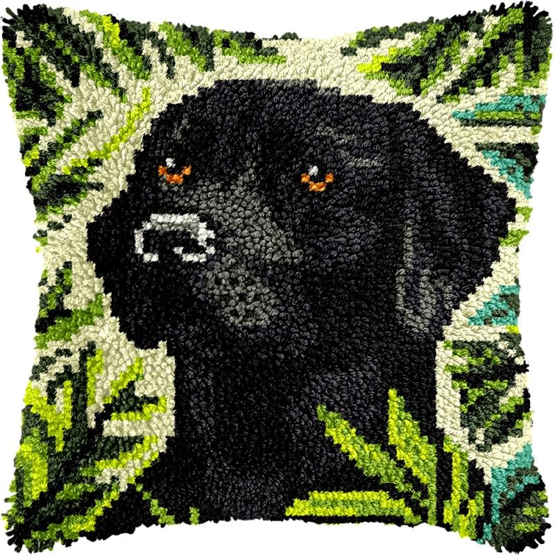 Black Labrador Latch Hook Pillow Kits Pillow Cover with Pattern Printed Canvas Crochet Cross Hooking Pillowcase Cushion Crafts Embroidery Latch Hooking Crochet Kits 17x17 inch(179)