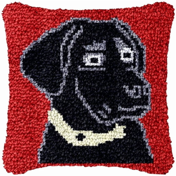 Black Labrador Latch Hook Pillowcase Kits for Adults and Starter DIY Cushion Cross Stitch Latch Hook Rug Kits with Preprinted Canvas Crochet Yarn Kits Needlework Crafts 17'' X 17''