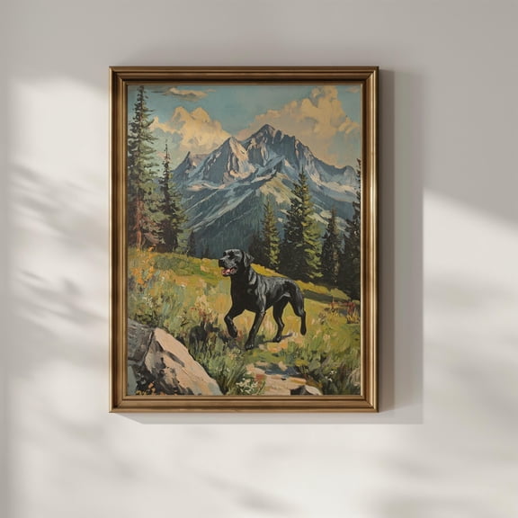 Black Labrador Mountain Lab Landscape Vintage Oil Rustic Black Lab Mom Gifts Matte Decorative Wall Art Poster , Poster Print Only