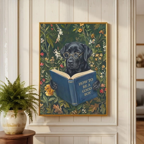 Black Labrador Reading Good Boy Library Wall Decor Unframed Paper Print