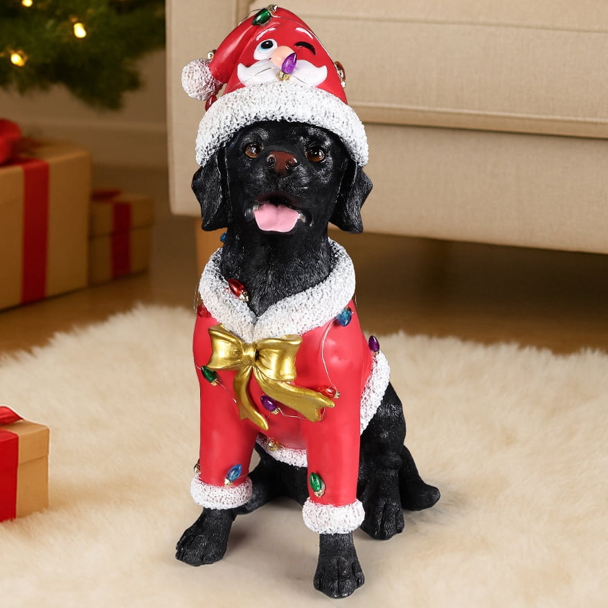 Black Labrador Red Santa Outfit Christmas Dog Statue with Santa Hat Holiday Tabletop Decor