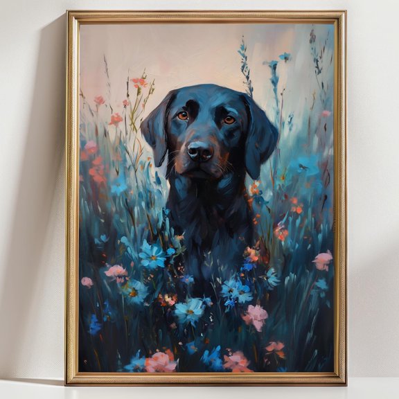 Black Labrador Retriever Art Print Moody Floral Dog Blue Wildflower Pet Portrait Wall Art Rustic Farmhouse Decor