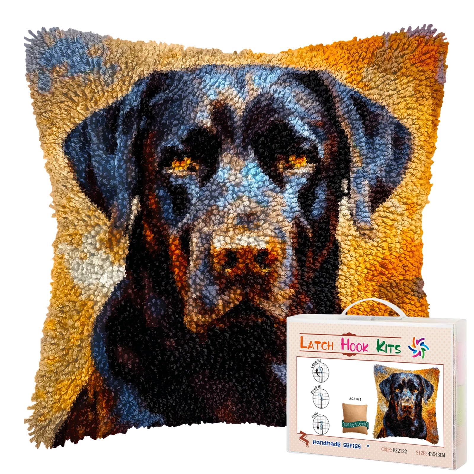 Black Labrador Retriever DIY Latch Hook Pillow Kits for Adults Printed Pillowcase Crochet Yarns Hooking Handmade Pillow Cover Cushion for Home Sofa Decoration 17x17inch