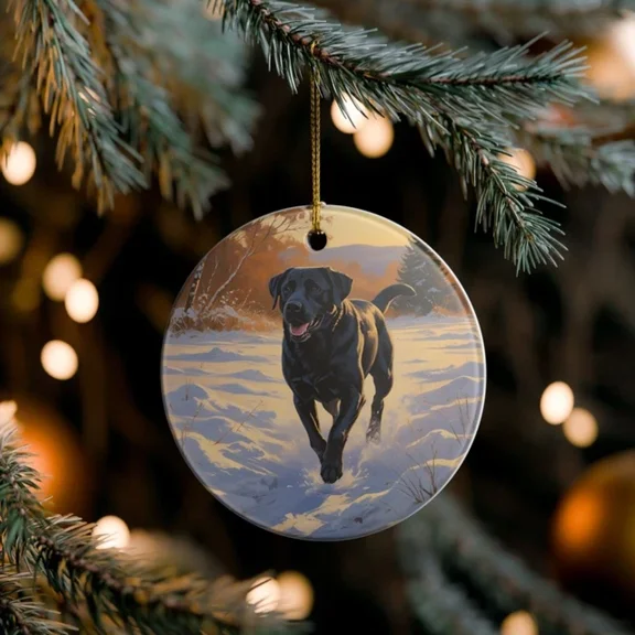 Black Labrador Retriever Dog Collectible Christmas Holiday Dog 2D FLAT CIRCLE Ceramic Ornament