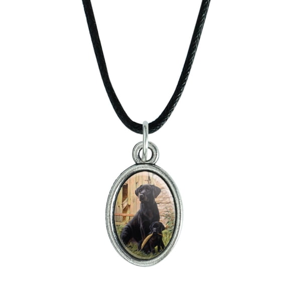 Black Labrador Retriever Dog Puppy Antiqued Oval Charm Pendant with Black Satin Cord