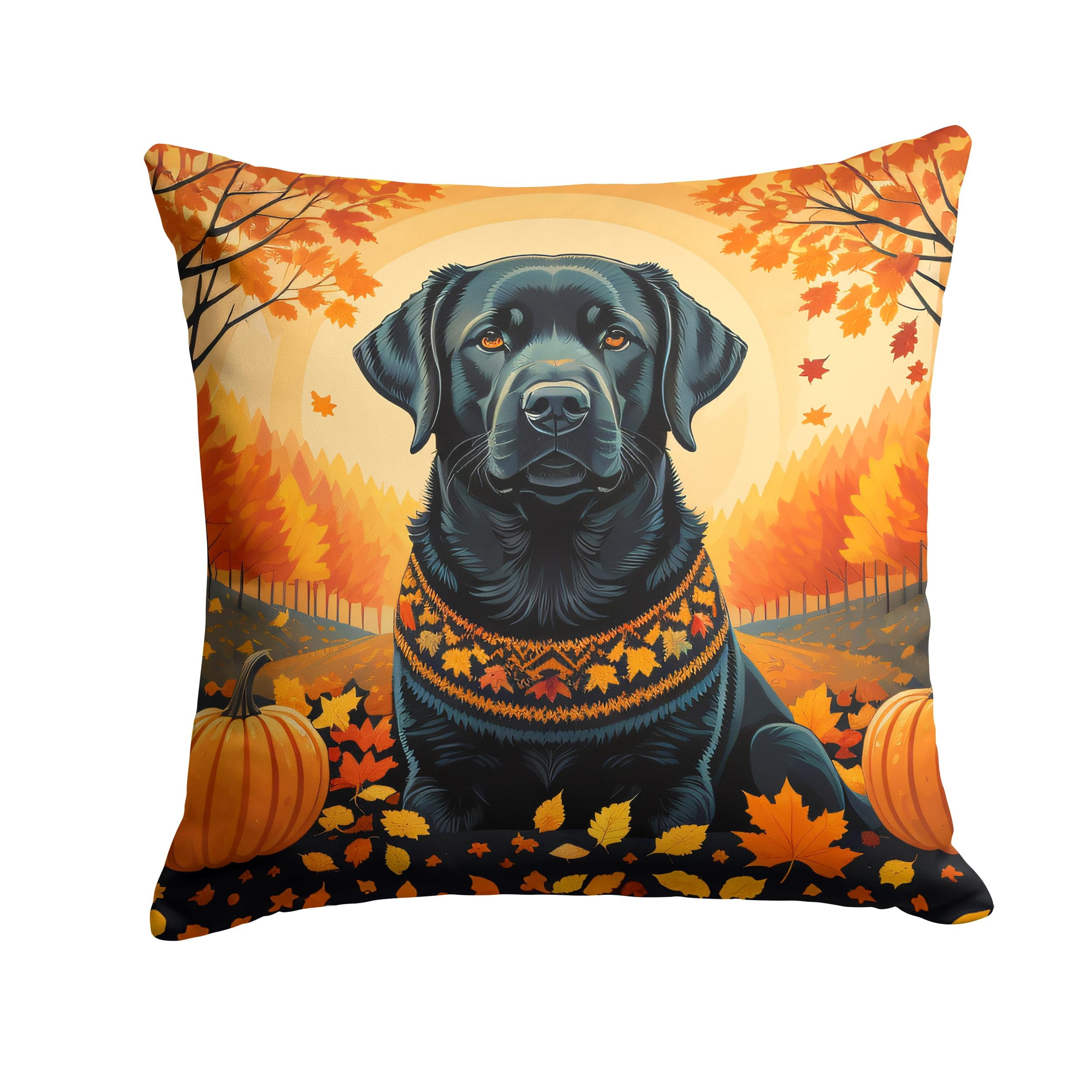 Labrador Linen Black Labrador Retriever Fall Fabric Decorative Pillow 14 in x 14 in ...