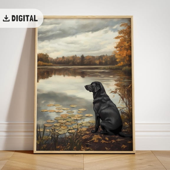 Black Labrador Retriever Lake : Vintage Country Lab Dog Wall Art, Rustic Autumn Decor Unframed Paper Print