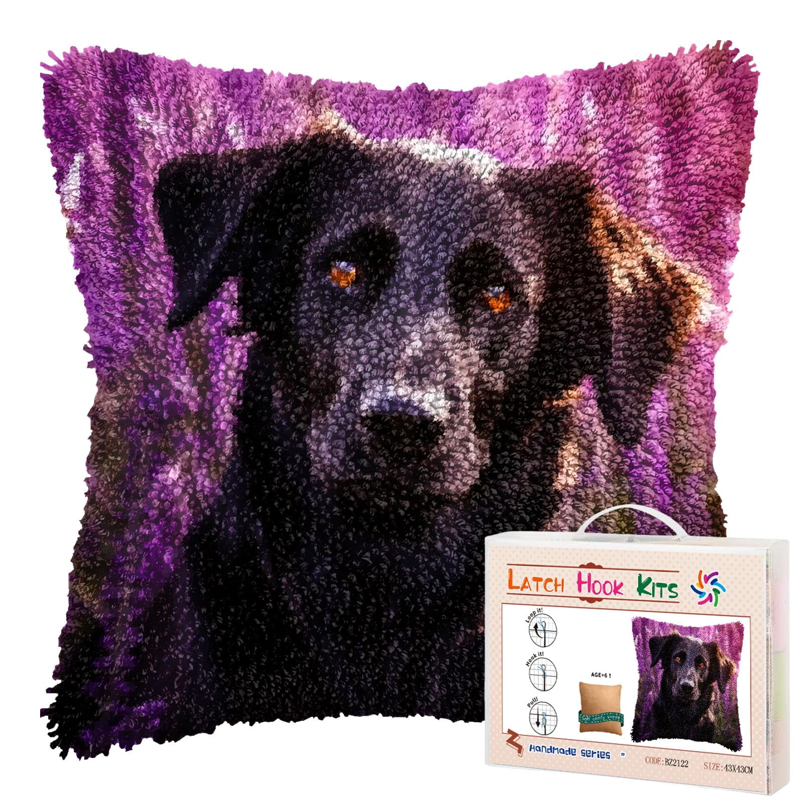 Black Labrador Retriever in Lavender DIY Latch Hook Pillow Kits for Adults Printed Pillowcase Crochet Yarns Hooking Handmade Pillow Cover Cushion for Home Sofa Decoration 17x17inch