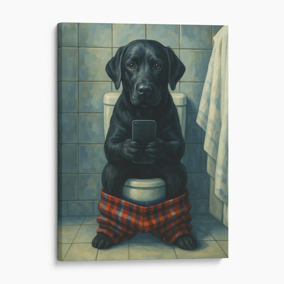 Black Labrador Retriever On The Toilet On The Phone Funny Dog Bathroom Canvas Wall Art Print