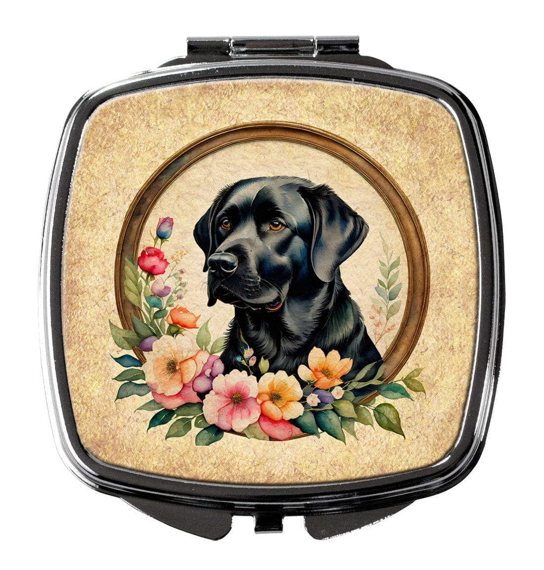 Black Labrador Retriever and Flowers Compact Mirror 2.75 in x 3 in