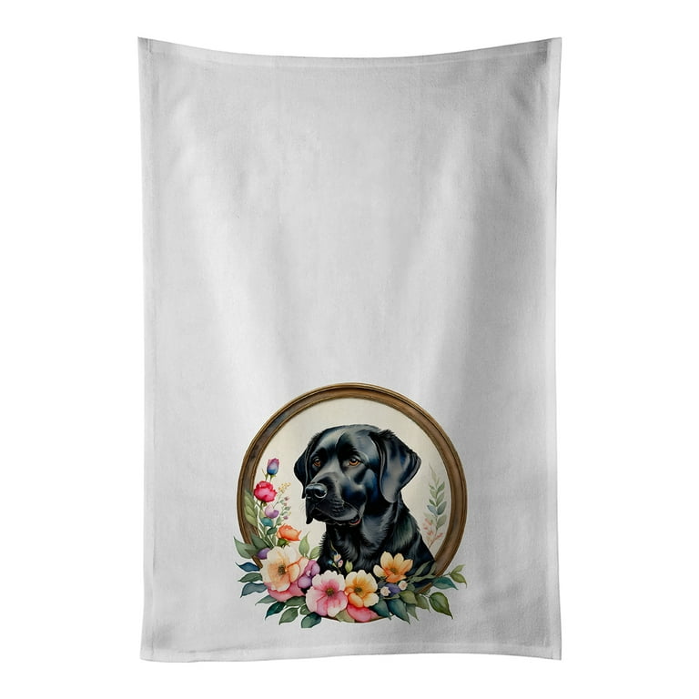 Black Labrador Retriever and Flowers Kitchen Towel Set of 2