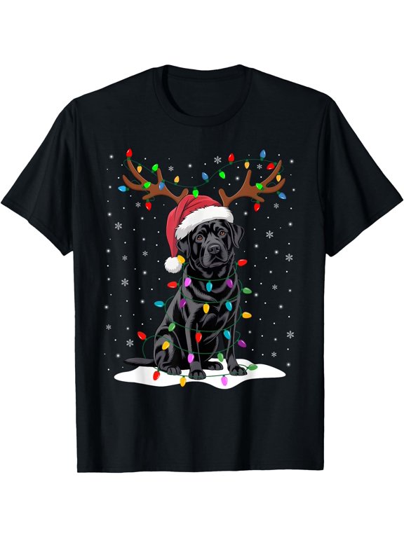 Black Labrador Santa Hat Reindeer Tree Lights Christmas T-Shirt