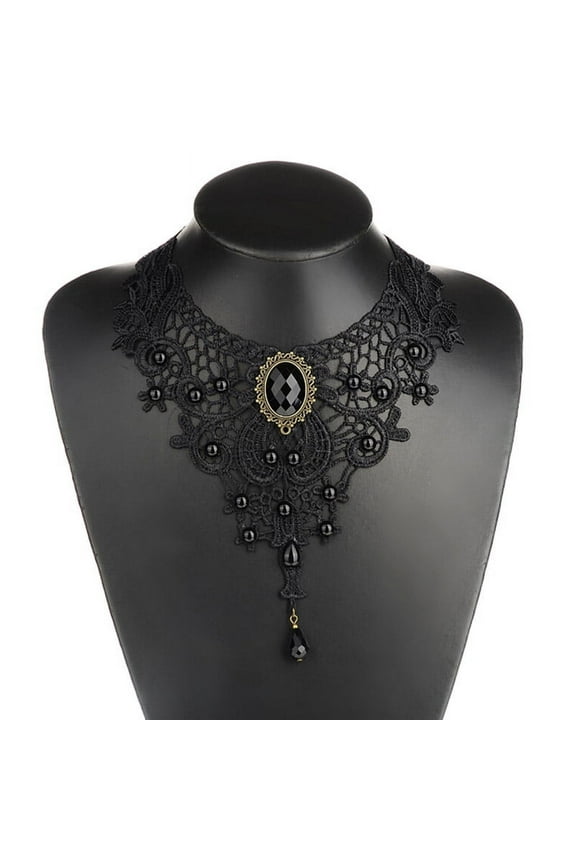 Black Lace&Bead Choker Victorian Steampunk Style Gothic Collar Necklace Gift WA