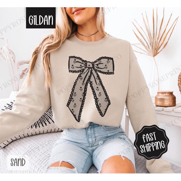 Black Lace Bow Sweatshirt, Women's Crewneck, Cute Black Bow Women's Sweater, Girly Coquette Bow Sweatshirt, Trendy Bow Sweater, for Her All Size S-5Xl