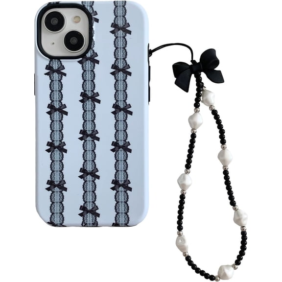 Black Lace Bowknot Print 2 in 1 Case for iPhone 14 Pro 2022 with Bow Pearl Beaded Phone Chain,Cute Retro Girly Trendy Shockproof Hard Shell Soft Cover + Wrist Chain(i14pro 6.1")