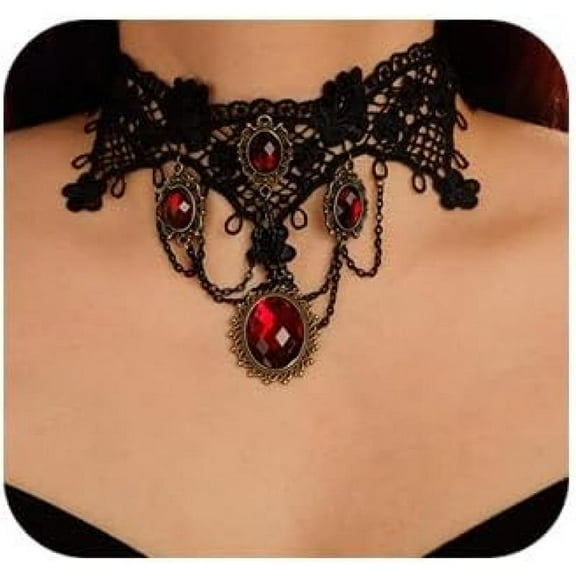 Black Lace Choker Necklace Lace Gothic Choker with Crystal for Women for Halloween Weeding Costume Party Prom Vampire Choker (Style 1)