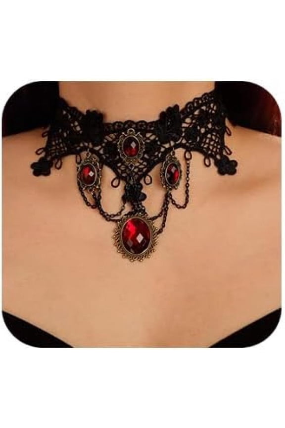Black Lace Choker Necklace Lace Gothic Choker with Crystal for Women for Halloween Weeding Costume Party Prom Vampire Choker (Style 1)