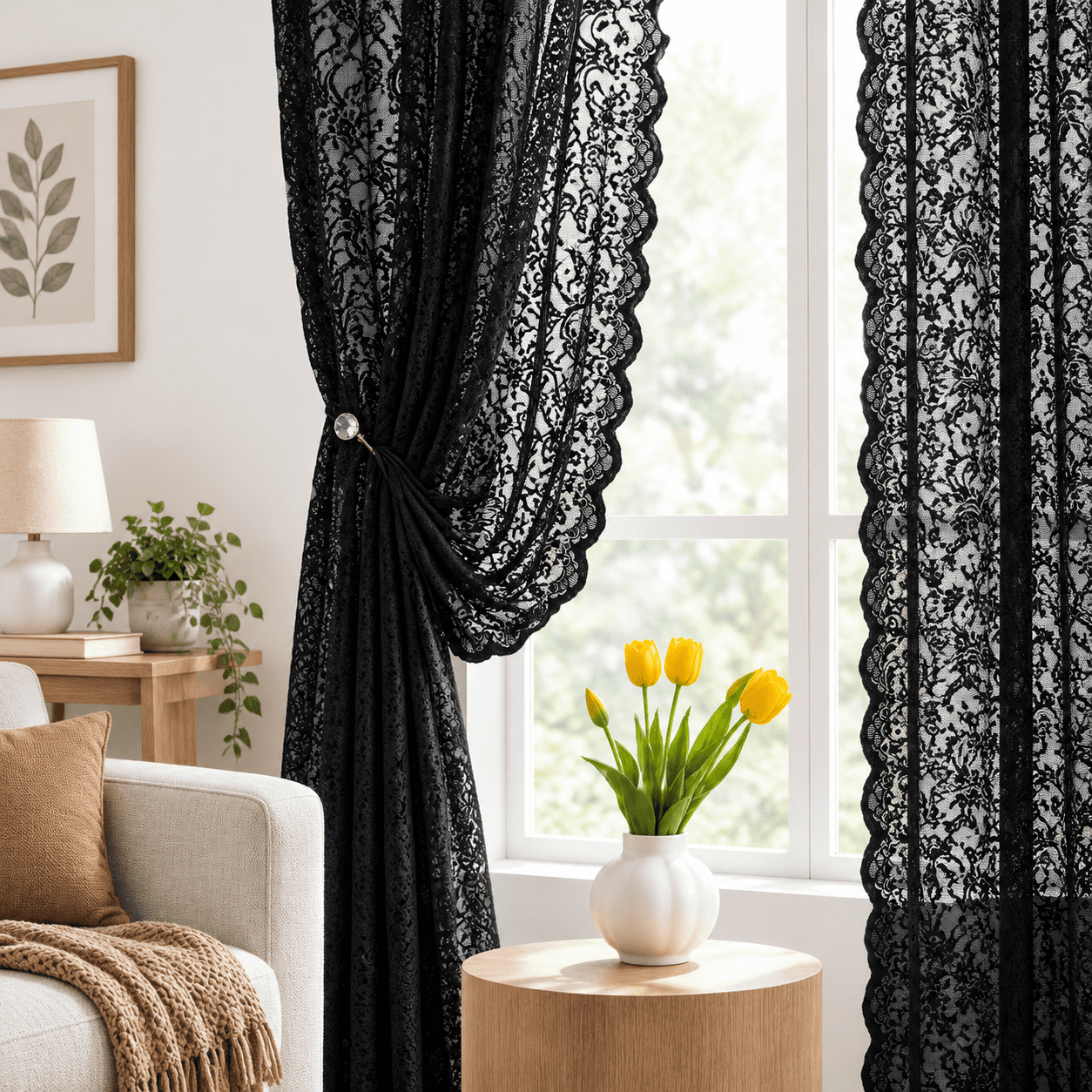 Black Lace Curta72 Inch Length 2 Panels Set -vintpaisley Sheer Curtain ...