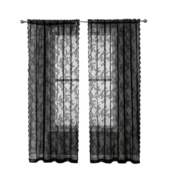 Black Lace Curtains 2 Panels Set -Vintage Sheer Gothic Curtains for Bedroom French Door Boho Decor