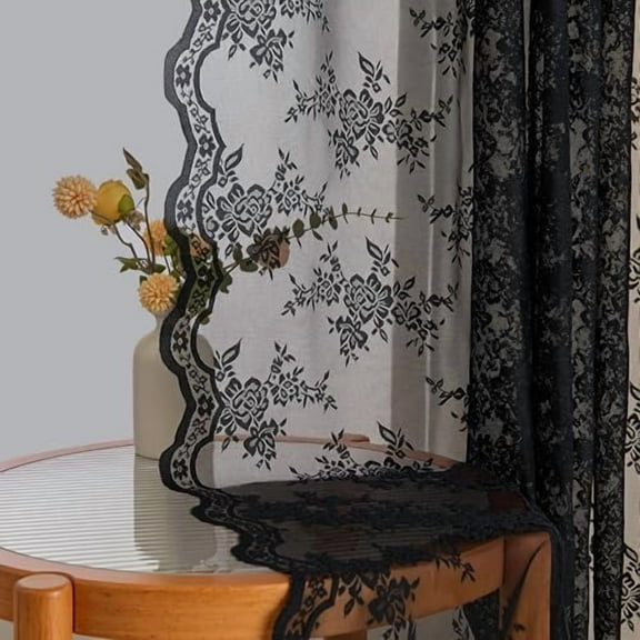 Black Lace Curtains 45 Inch Length Set of 2 Short Victorian Sheer Spooky Halloween Holiday Party Decor Back Tab Rod Pocket Window Treatments for Small Windows, 50" Wide Each Panel, Black