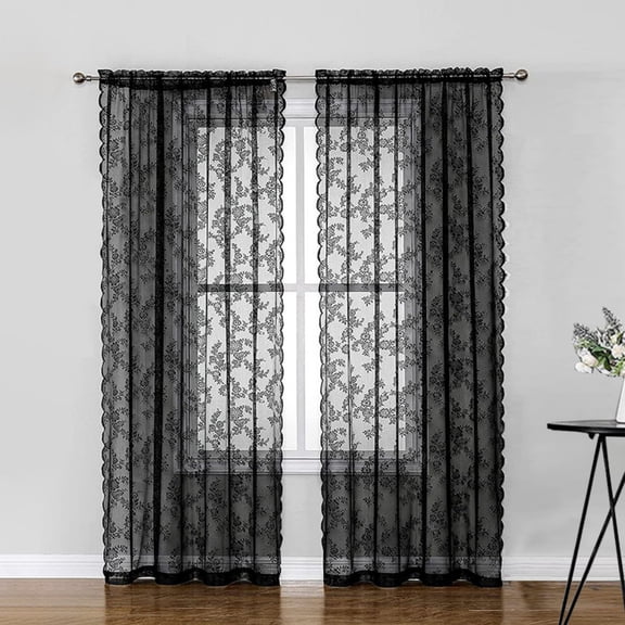 Black Lace Curtains 80 Inches Long, Country Rusitc Floral Pattern Vintage Black Sheer Lace Curtains for Living Room, Privacy Goth Sheer Window Curtains, 2 Panels, Black 100*100cm Black
