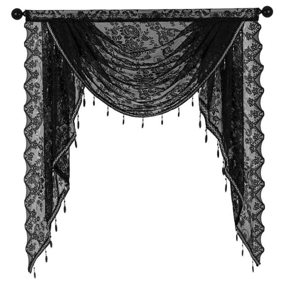 Black Lace Curtains Net Lightweight Curtains Elegant Window Beaded American Style Lace Curtain Tulle Curtains Drapes for Bedroom Living Room