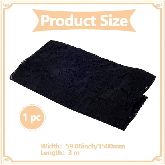 Black Lace Fabric Embroidery 3x1.5m Flowers Crochet Dress Ribbon Trim Nylon Lace Tablecloth Vintage Rectangle Boho Print Table Overlay for Wedding Bridal Veil Curtain Mesa Sewing Craft