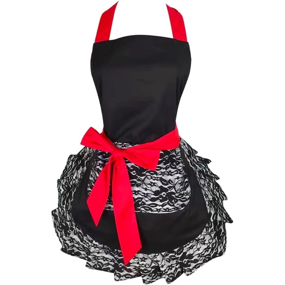 Black Lace Flirty Apron with Pocket, Fun Retro Sexy Cooking Pinup Aprons for Women Girls