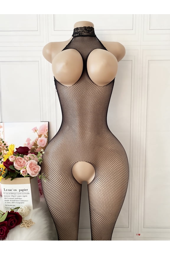 Black Lace Halter Open Cup Open Back Crotchless Fishnet Bodysuit, Sheer Stretchy Mesh Lingerie with Cheeky Rear Cutout for Women