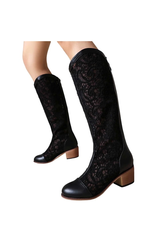 Black Lace Knee High Boots for Women Vintage Crochet Hollow out Stacked Chunky Mid Heel Wide Calf Tall Boots