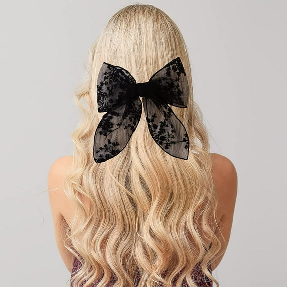 Black Lace Large Hair Bows for Women Girls, New Year Hair Clip Decor, Duckbill Clip Hair Accessories for Wedding Prom, Mom Gift, Fit for Any Age and Any Hairstyle
