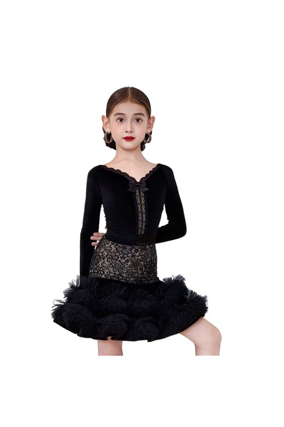 Black Lace Latin Dance Dress For Girls Long Sleeves Fluffy