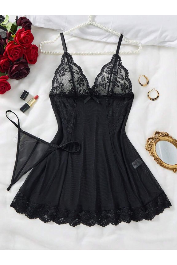 Black Lace & Mesh Chemise Sleep Dress With G-String, V-Neck Backless