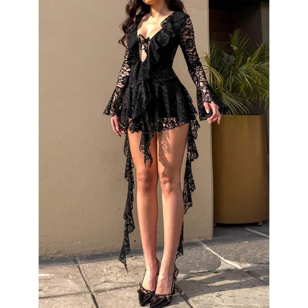 Black Lace Mini Dress Long Sleeve Deep V Neck Tie-Up Front Ruffle High ...