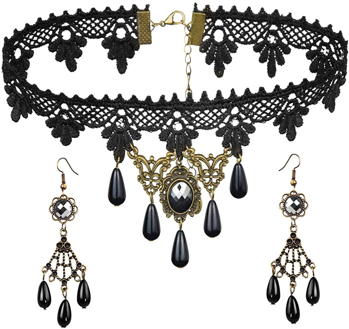 Black Lace Necklace Earrings Set - Gothic Lolita Pendant Choker ...