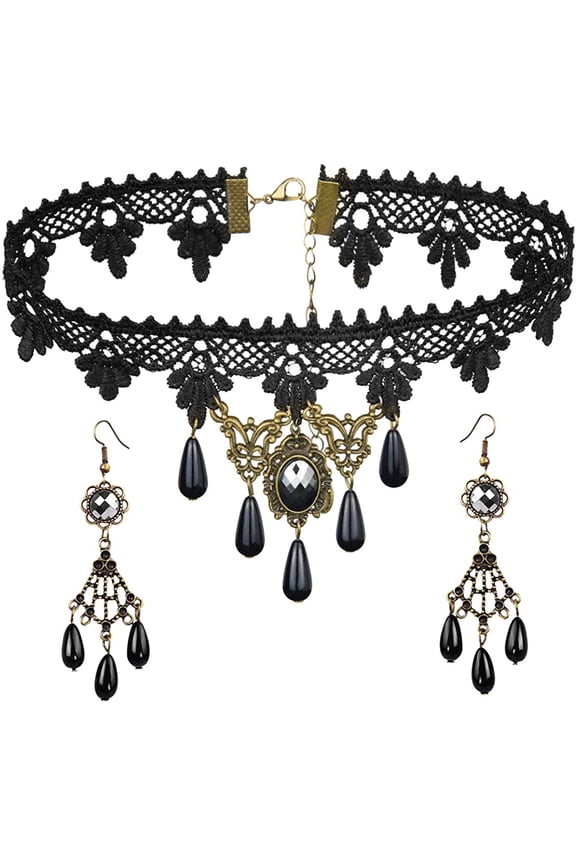 Black Lace Necklace Earrings Set - Gothic Lolita Pendant Choker Clothing Accessories for Wedding Birthday Christmas