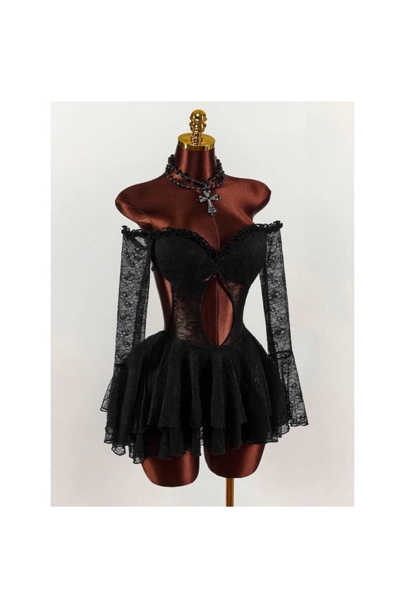 Black Lace Off-Shoulder Sheer Long Sleeve Mini Dress With Ruffled Skirt And Keyhole Detail