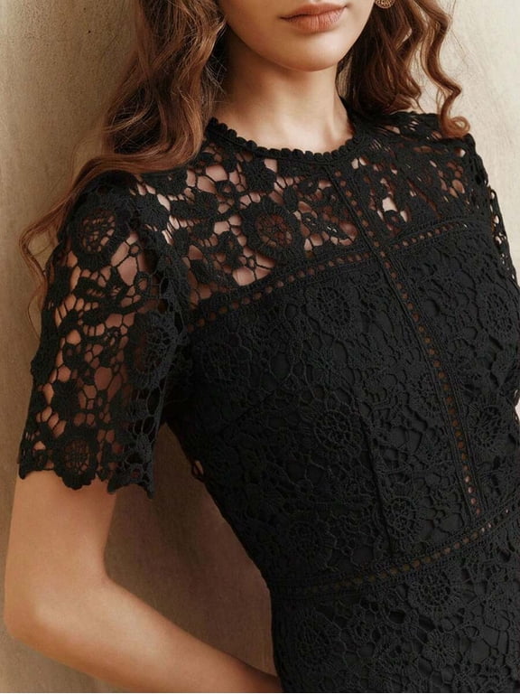 Black Lace Overlay Short Sleeve Sheath Dress With Ruffled Neckline