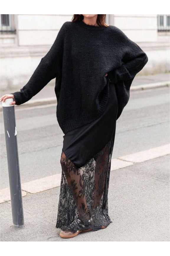 Black Lace Panel Maxi Skirt Sheer Floral Embroidered Asymmetrical A-Line